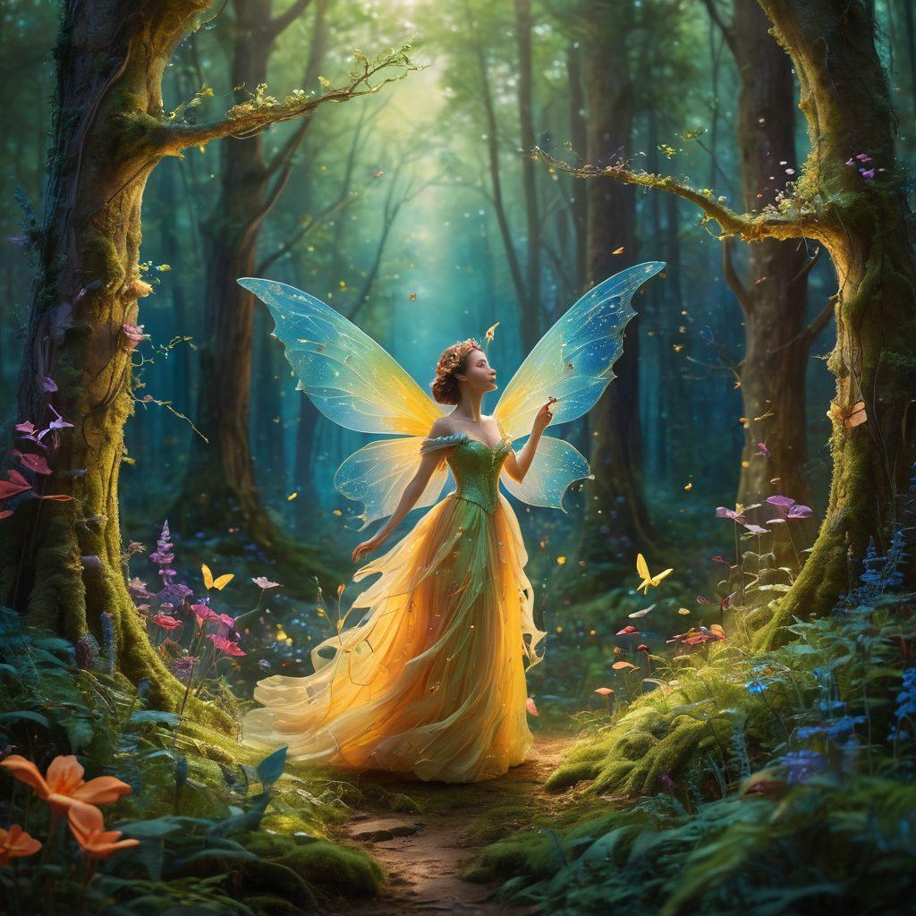 A whimsical scene featuring ethereal celebrity fairies with various artistic tools like paintbrushes and musical instruments, surrounded by vibrant swirling colors that represent different art styles. The fairies are depicted in mid-flight, inspiring a diverse group of artists below who are creating their own masterpieces. The background is a dreamy, enchanted forest that sparkles with creativity and magic. surreal art, vibrant colors, ethereal atmosphere.