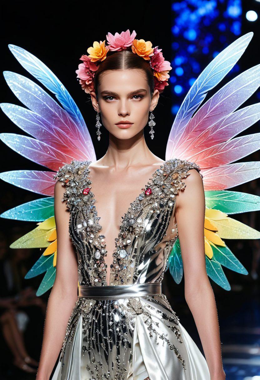 An enchanting scene featuring stylish celebrity fairies adorned in modern fashion, showcasing a blend of whimsical wings and chic attire. The background should be a magical forest with sparkling lights and vibrant flowers, symbolizing self-expression. Include elements of fashion runway highlights, like glittering accessories and bold hairstyles, to capture the essence of both fairytales and modernity. Artistic flair with a mix of realism and fantasy. vibrant colors. super-realistic.